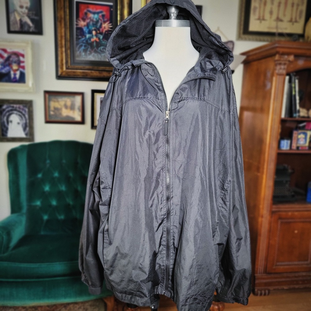 eb79 Windbreaker Jacket Black Hooded Full Zip Lightweight Plus Size Mens 4XL New